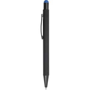 A black stylus pen with a blue tip and a clip for easy attachment. It features a sleek design and a branding logo.