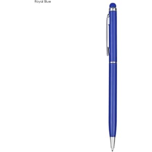 A royal blue stylus pen with a silver clip and tip, featuring a logo on the barrel.