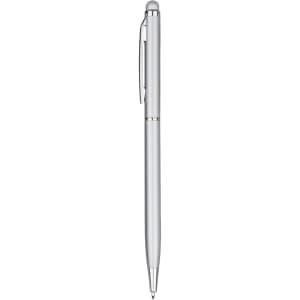 A silver stylus pen with a sleek design, featuring a clip and a tip for touchscreen use.