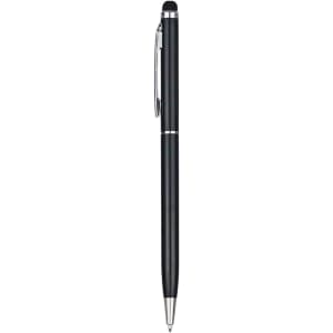 A black stylus pen with a silver clip and accents, featuring a smooth, sleek design and a branding logo.