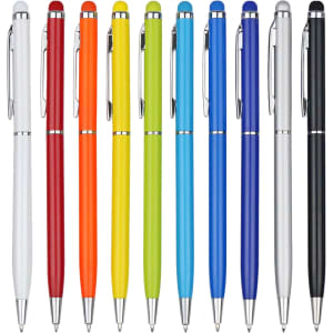 A collection of stylus pens in a variety of colours, including red, orange, yellow, green, blue, and black, with silver accents.