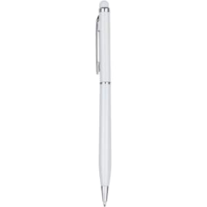 A stylus pen in white with silver detailing and a clip, featuring a smooth, sleek design.