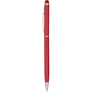 A red stylus pen with a silver clip and detailing, featuring a logo on its body.