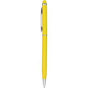 A yellow stylus pen with a shiny silver clip, featuring a smooth design and an integrated logo.