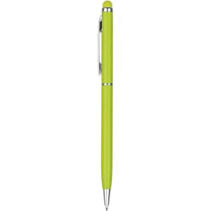 A stylus pen in bright lime green with a silver clip and tip. The pen has a sleek, smooth design.