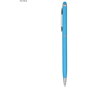 A sky blue stylus pen with a sleek design and a silver clip. Features a logo on the side.