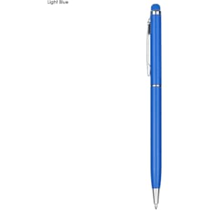 A light blue stylus pen with a sleek design and a silver clip, featuring branding on the side.