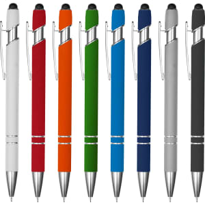 A collection of nine stylus pens in white, red, orange, green, blue, navy, grey, and black, each with a logo.