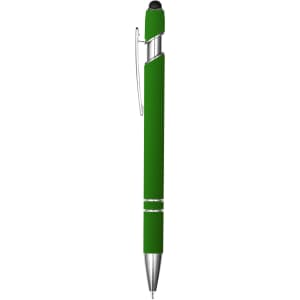 A green stylus pen with a silver clip and tip, featuring a sleek design and smooth grip.