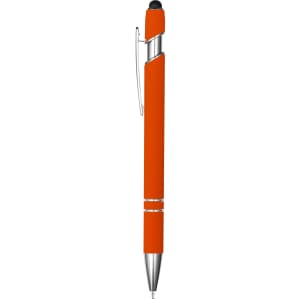 An orange stylus pen with a sleek silver accent and a clip. It features a rubber grip for comfort.
