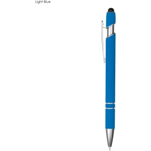 A light blue stylus pen with a silver clip and tip. It features a smooth, modern design and has a logo.