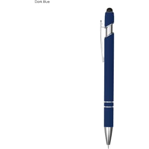 A dark blue stylus pen with a sleek design and a silver clip, featuring a rubberised tip for touchscreen use.