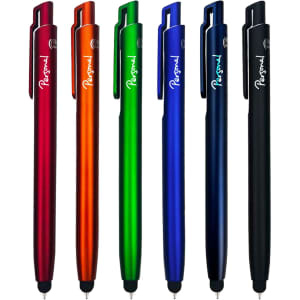 A collection of stylus pens in red, orange, green, blue, and black, featuring a logo on each pen.