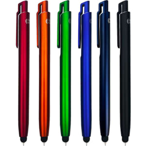 A collection of six stylus pens in red, orange, green, blue, black, and a metallic finish. Each pen features a clip and has a logo.