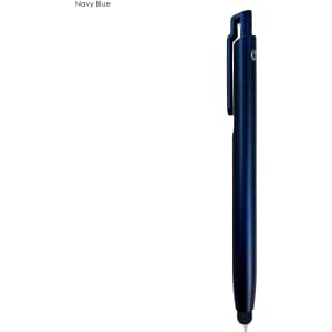 A navy blue stylus pen with a sleek design and a clip for attachment, featuring a branding logo.