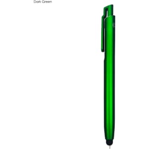 A dark green stylus pen with a clip and a rounded tip, featuring a logo.