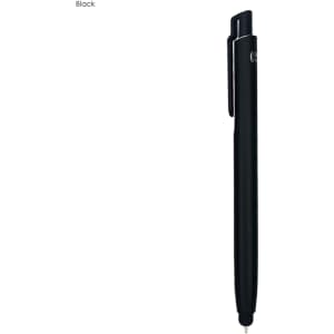 A black stylus pen with a sleek design and a clip. It features a logo on the side.