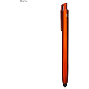 An orange stylus pen with a sleek design and a clip, featuring a logo.
