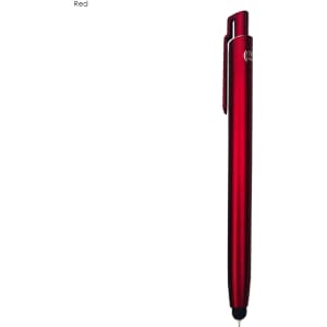 A sleek red stylus pen with a glossy finish and a clip, featuring a logo on the side.