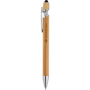 A bamboo stylus with a shiny silver clip and tip, featuring a branding logo.