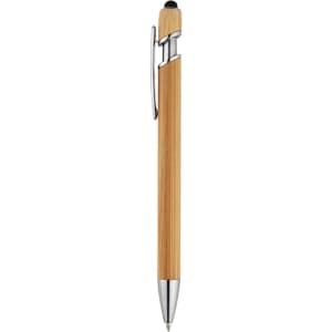 A bamboo stylus with a silver clip and tip, featuring a sleek design. It has a logo on the barrel.