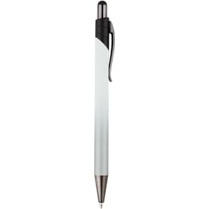 A metal pen with a sleek white barrel and black accents, featuring a clip and shiny silver tip.