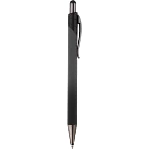 A black metal pen with a sleek design and a clip, featuring a silver tip. It has a logo on the barrel.