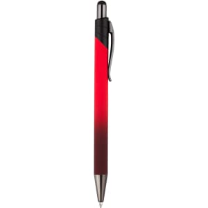 A metal pen with a red gradient finish and a black grip, featuring a clip and a shiny silver tip.