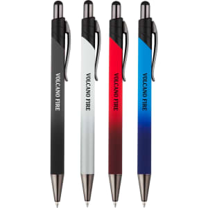 A set of four metal pens in black, white, red, and blue, featuring a logo on each pen.