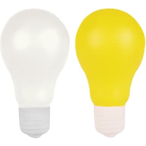 A stress light bulb featuring a white bulb and a yellow bulb, both with a white base. Includes branding.