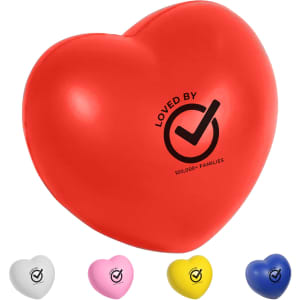 A red heart-shaped stress ball with a logo, accompanied by white, pink, yellow, and blue heart shapes.