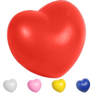 A red heart-shaped stress ball with smaller versions in white, pink, yellow, and blue underneath.