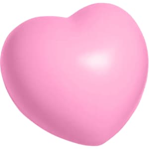 A pink heart-shaped stress toy with a smooth surface, designed for squeezing and relieving stress.