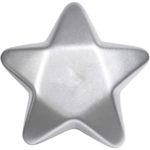 A silver star-shaped stress toy with a smooth, glossy surface. It has a subtle shimmer and a star design.