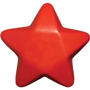 A red star-shaped stress toy with a smooth surface and rounded edges. It features a logo.