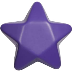 A purple star-shaped stress toy with a smooth surface and rounded edges. It has a logo on one side.