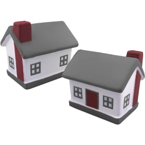 Two stress shapes designed like houses, featuring white walls, grey roofs, red doors, and grey chimneys.