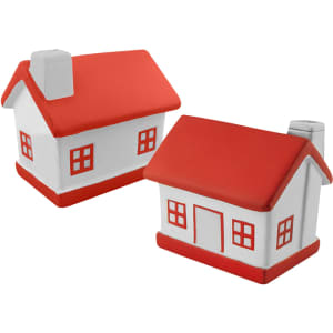 Two stress relief toys shaped like houses, with red roofs and accents on a white body, featuring a chimney and windows.