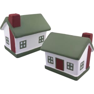 Two stress-relief house shapes with green roofs and white walls, featuring red doors and windows.