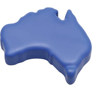 A blue stress relief shape in the outline of Australia, with a smooth, soft texture. It features a logo.