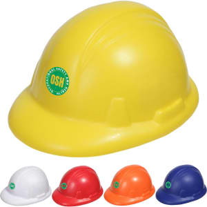 A yellow stress hard hat with a logo, alongside red, blue, white, and orange miniature hard hats.