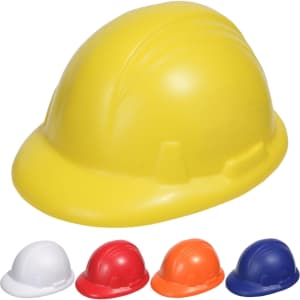 A yellow stress hard hat with red, blue, white, and orange variants shown below. The product has a logo.