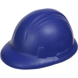 A blue stress hard hat with a smooth surface and rounded top. It features a simple design and has a logo.