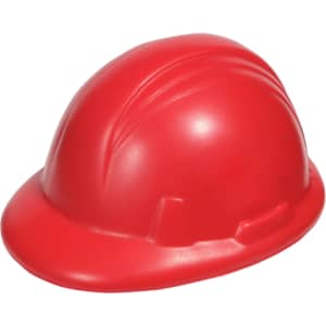 A red stress ball in the shape of a hard hat, featuring a smooth, rounded design and a logo.