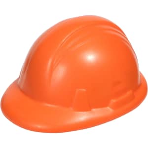 An orange stress hard hat with a smooth surface and simple detailing. It features a branding logo.
