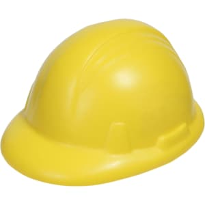 A yellow stress relief hard hat featuring a smooth design and a logo. Suitable for fun and games.