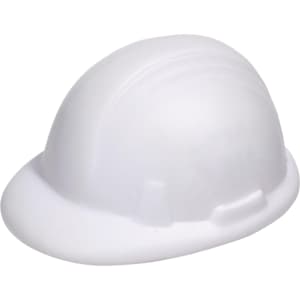 A white stress relief hard hat with textured details, designed as a fun stress shape for relaxation.