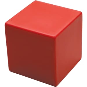 A red stress cube with a smooth surface, designed for stress relief. It has a logo on one side.
