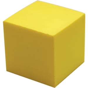 A yellow stress cube with a smooth surface, featuring a logo on one side.