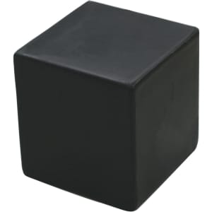 A black stress cube with a smooth, soft texture and rounded edges. It features a logo on one side.